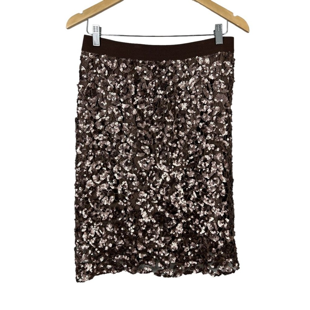 BCBG MaxAzria Skirt Medium Bronze Sequin Mesh Dorshea Pencil‎ Glam Stretch New